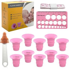 Flange Sizing Kit with 10PCS 18/19/20/21/22mm Flange Inserts for 24mm Most Breast Pump, Silicone Flange Size Kit 3 in 1 Include Nipple Ruler, Cleaning Brush, Pumping Breastfeeding Essentials