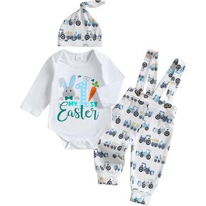 BeQeuewll Easter Newborn Baby Boy 3PCS Clothes Set Infant Long Sleeve Romper Bunny Carrot Suspender Pants Overalls Outfits