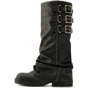 ClassicSter Fold Over Knee High Boots Slouch Boots for Women Chunky Goth Platform Boots,2 inch Heel Wide Calf Long Boots Square Toe Riding Boots