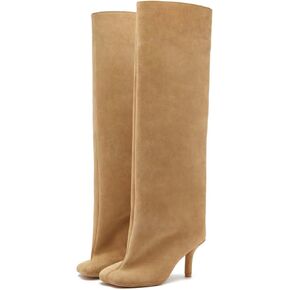 Camel Suede Knee High Boots for Women Slip On Heeled Boots Ladies Square Toe Wide Calf Stiletto High Heel Long Boots Pull On Dress Tall Boots Fall