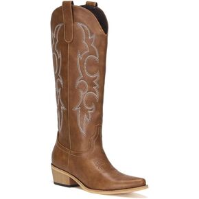 Cowboy Boots for Women Embroidered Cowgirl Boots Keen High Wide Calf Cowboy Boots Women, Side Zipper Chunky Heel Retro Tall Western Boots Country Boots