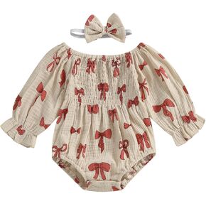 NZNDSHD Smocked Baby Girl Clothes Long Sleeve Bubble Romper Cute Bows Print Bodysuit Spring Fall Outfit with Headband