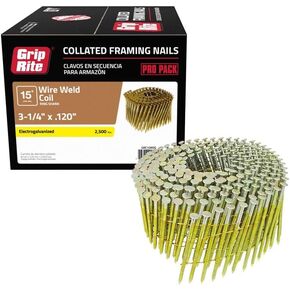 Grip-Rite 3-1/4 in. 11 Ga. Angled Coil Framing Nails 15 deg. Ring Shank 2500 pk - Case of: 1; Each Pack Qty: 1;