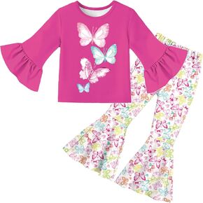 Baby Girl Clothes Fall Outfits 2PCS Toddler Girl Flare Pants Cute Leopard Butterfly Outfits for Girls 2-8Y