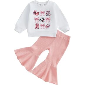 Toddler Baby Girl Western Bell Bottom Outfit Fall Winter Clothes Cowgirl Boots Hat Sweatshirt/Romper Flare Pants Set