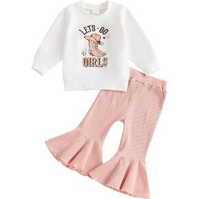 Western Baby Cowgirl Sweatshirt Outfit Long Sleeve Sweatshirt Pullover Tops Bell Bottom Flare Pants Toddler Clothes