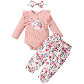 My First Easter Outfit Baby Girls Newborn Infant Clothes Easter Bunny Ruffled Romper Pants Clothes Set 0-18 Months