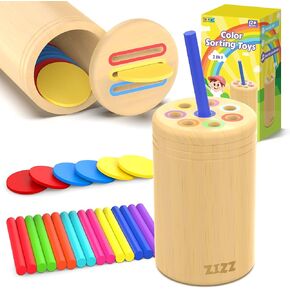 ZIZZ Montessori Toys for 1-3 Years Old - 2 in 1 Wooden Educational Learning Color Sorting Toys for Kids Age 18 Month Old 1-3 Year Old Toddler Sensory Matching Games Toys for Baby Birthday
