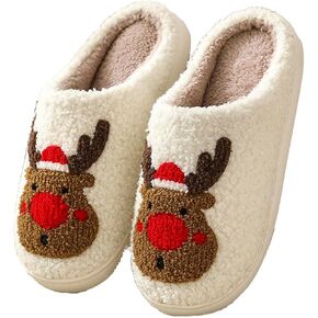 Christmas Slippers Unisex Xmas Elk Shoes Santa Reindeer Cute Cartoon Slippers Memory Foam Soft Plush House Slippers Indoor Outdoor Shoes
