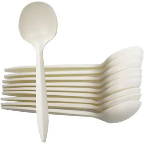 Eco-Friendly 50 Pack Cornstarch Soup Spoons, Ivory Large Capacity 5.3" Disposable Spoons for Hot Soup Milk Shake Salad etc.