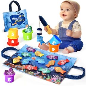 Montessori Toys for 1 Year Old Boy Girl Gifts, 20 Pcs Cloth Fishing Game for Toddler 1-3 with Stacking Cup, Number Counting and Color Sorting Baby Toys, One Year Old Girl Boy Birthday Gifts