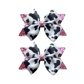 Cow Print Hair Bow Clips for Girls,Cute Moo Cow Hair Barrettes Hand-made Grosgrain Ribbon Hair Bows Pink Cow Bow Alligator Clips Hair Accessories for Toddlers Baby Little Girls Kids Teens (4Pcs Black)