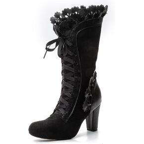 Victorian Boots for Women Vintage Bow Ruffles Goth Boots Costume Lace Up 70S Retro Boots Halloween Witch Stuff Cuban Heel Mid Calf Boots