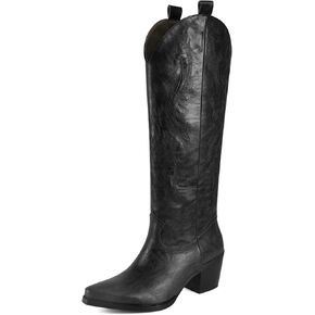 UBWDU Suede Cowboy Knee High Boots Women Pointed Toe Chunky Heel Embroidered Western Cowgirl Boots