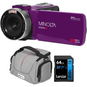 Minolta MN260NV 1080P FHD / 30 MP Night Vision Camcorder, Purple Bundle with Lexar 64GB High-Performance 800x UHS-I SDXC Memory Card + Deco Photo Camera Bag for DSLR and Mirrorless Cameras