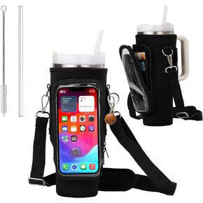 Water Bottle Holder with Strap - Neoprene Sleeve - Adjustable Shoulder and Hand Sling - Crossbody Carrier Bag Hiking Camping Gym - Phone Pocket Glass Straw and Brush - 40 oz Stanley Cup Accessories in Kuwait