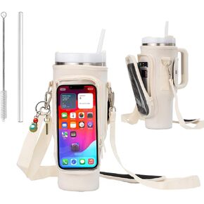 Water Bottle Holder with Strap - Neoprene Sleeve - Adjustable Shoulder and Hand Sling - Crossbody Carrier Bag Hiking Camping Gym - Phone Pocket Glass Straw and Brush - 40 oz Stanley Cup Accessories