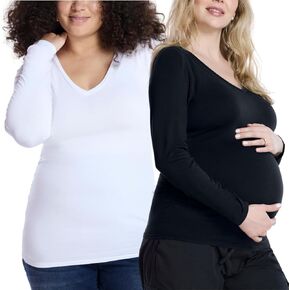 Motherhood Maternity Women's Long Sleeve Side Ruched V-Neck Pregnancy T-Shirt-2 Pack
