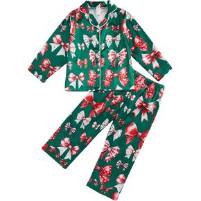 Toddler Baby Girl Boy Christmas Silk Satin Pajamas Santa Button Pjs Kids Long Sleeve Shirt Pants Xmas Pjs Sleepwear