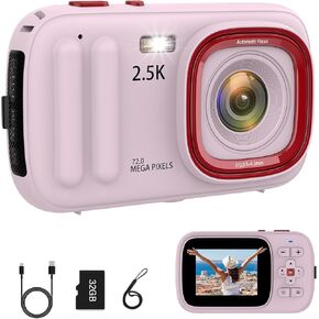 Digital Camera 72MP 2.5K Compact Point and Shoot Camera, 16X Zoom Auto Focus, Vintage Camera for Kids with 32GB Card - Ideal Retro Camera Gift for Teens, Students, Boys, Girls, Kids,Pink