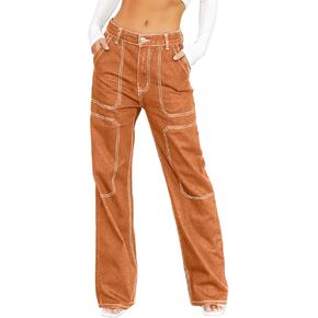 Dokotoo Women's Casual Mid Waist Cargo Jeans Stretch Wide Leg Denim Pants with Pockets