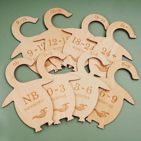 NiHome Streamlined Double-Sided Wooden Baby Closet Divider 7.7x5.7 Inches 8-Pack for Organizing Newborn to 24+ Month Wardrobe, Durable & Engraved with Charming Penguin Design to Fit Standard Closets in Saudi Arabia