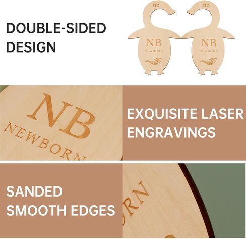 NiHome Streamlined Double-Sided Wooden Baby Closet Divider 7.7x5.7 Inches 8-Pack for Organizing Newborn to 24+ Month Wardrobe, Durable & Engraved with Charming Penguin Design to Fit Standard Closets in Saudi Arabia