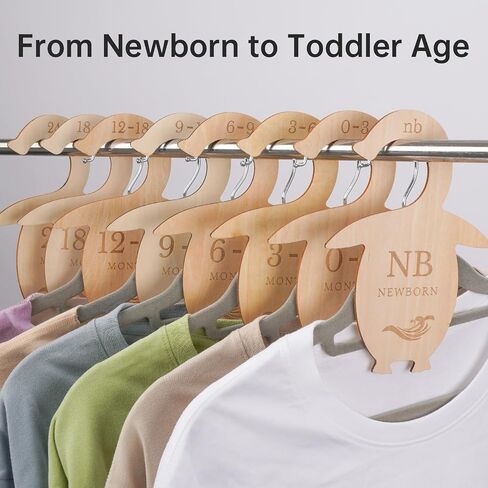 NiHome Streamlined Double-Sided Wooden Baby Closet Divider 7.7x5.7 Inches 8-Pack for Organizing Newborn to 24+ Month Wardrobe, Durable & Engraved with Charming Penguin Design to Fit Standard Closets in Saudi Arabia