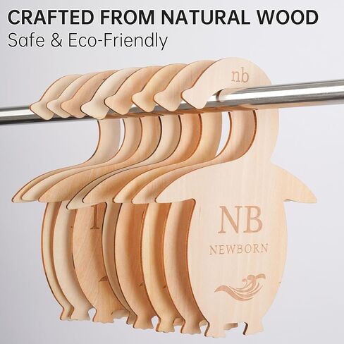 NiHome Streamlined Double-Sided Wooden Baby Closet Divider 7.7x5.7 Inches 8-Pack for Organizing Newborn to 24+ Month Wardrobe, Durable & Engraved with Charming Penguin Design to Fit Standard Closets in Saudi Arabia