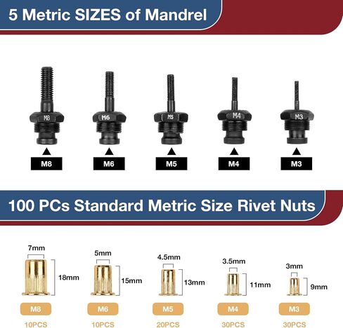 YUZES Rivet Nut Tool Drill Adapter Kit, Labor-Saving Rivet Nut Gun Cordless with 12 Mandrels and 260 PCS Rivet Nuts, Rivnut Tool Kit for Nutsert, Cars, Metalwork, Home Improvement, DIY - 30 Series in Saudi Arabia