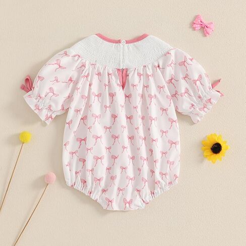Newborn Baby Girl Romper Mamas Mini Bow Plaid Print Puff Sleeve Smocked Bubble Romper Jumpsuit Bodysuit Clothes in Saudi Arabia