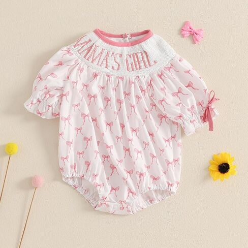 Newborn Baby Girl Romper Mamas Mini Bow Plaid Print Puff Sleeve Smocked Bubble Romper Jumpsuit Bodysuit Clothes in Kuwait