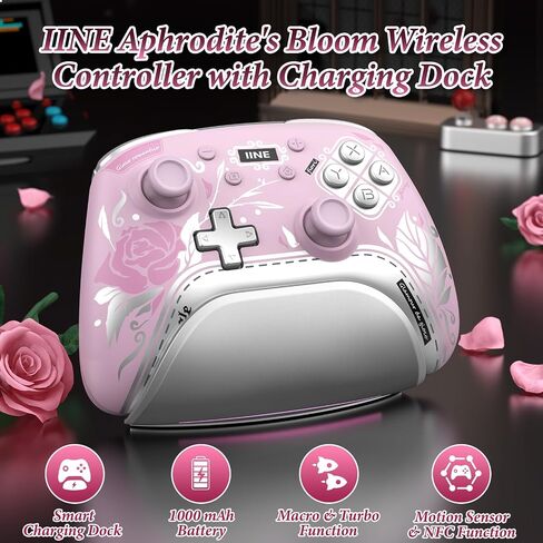 IINE Wireless Pro Controller with Charging Dock, PC Controller with Macro/Turbo/Rumble/NFC/Motion Sensor Function, Multi-Platform Gamepad Compatible with Switch/PC/Steam/Phone/Tablet (Pink Rose) in Kuwait