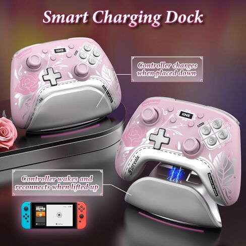 IINE Wireless Pro Controller with Charging Dock, PC Controller with Macro/Turbo/Rumble/NFC/Motion Sensor Function, Multi-Platform Gamepad Compatible with Switch/PC/Steam/Phone/Tablet (Pink Rose) in Kuwait