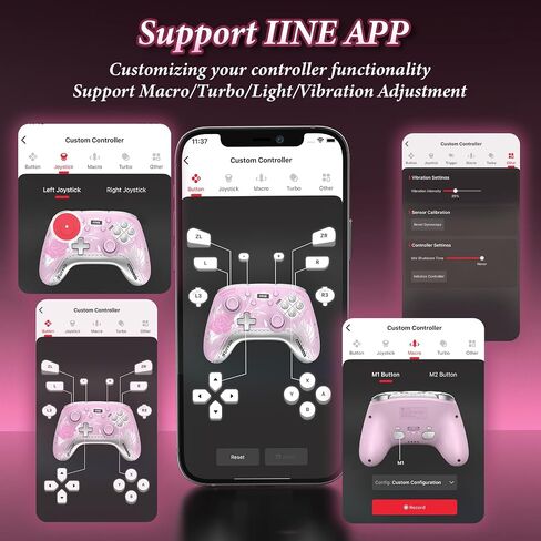 IINE Wireless Pro Controller with Charging Dock, PC Controller with Macro/Turbo/Rumble/NFC/Motion Sensor Function, Multi-Platform Gamepad Compatible with Switch/PC/Steam/Phone/Tablet (Pink Rose) in Kuwait