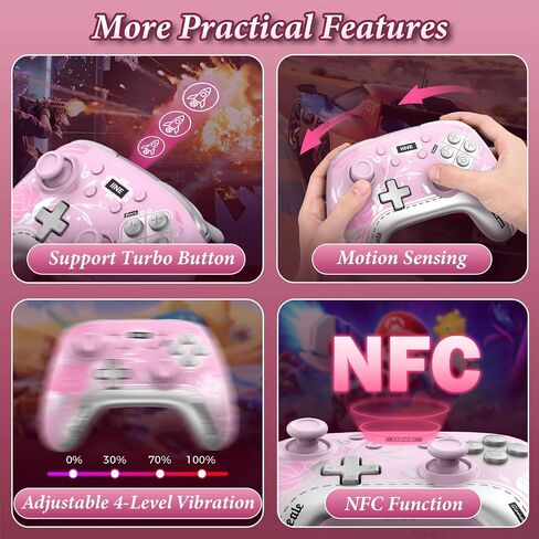 IINE Wireless Pro Controller with Charging Dock, PC Controller with Macro/Turbo/Rumble/NFC/Motion Sensor Function, Multi-Platform Gamepad Compatible with Switch/PC/Steam/Phone/Tablet (Pink Rose) in Kuwait