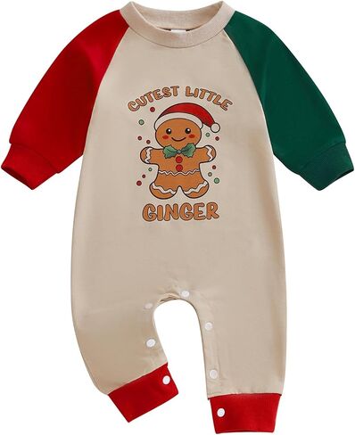 Lamuusaa Newborn Baby Girl Boy Christmas Outfit Long Sleeve Gingerbread Man/Santa Claus Romper Color Block Jumpsuit in Saudi Arabia