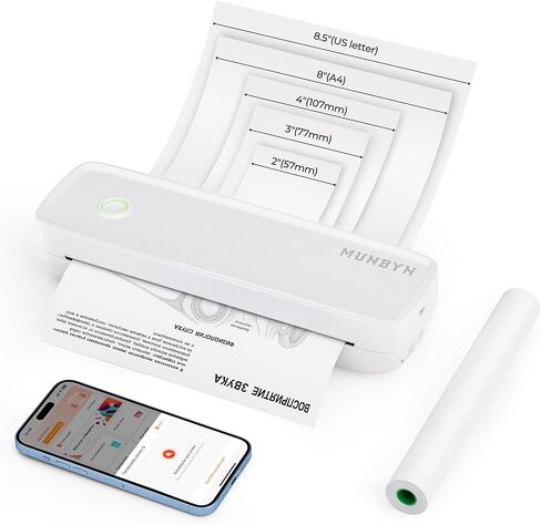 MUNBYN Portable Printers Wireless for Travel ITP04 with Carry Case, Portable Printer Bluetooth, Support 8.5 x 11 & A4 Thermal Paper, Compatible with Android, iOS & Laptop, Inkless Printer (White) in Saudi Arabia