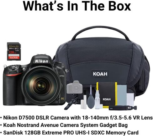 Nikon D7500 DSLR Camera with 18-140mm F3.5-5.6 VR Lens Bundle with 128GB Extreme Pro SD Card and Camera System Gadget Bag with Accessory and Cleaning Kit (3 Items) in Saudi Arabia