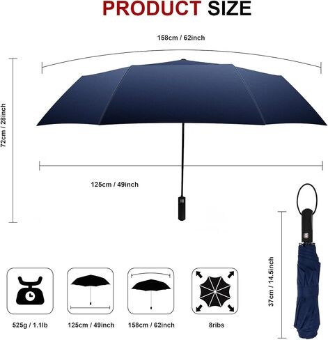 54 Inch Large Compact Golf Umbrella for Rain, Automatic Folding Windproof Double Canopy Vented Black Travel Umbrellas, Waterproof Portable Umbrella in Saudi Arabia