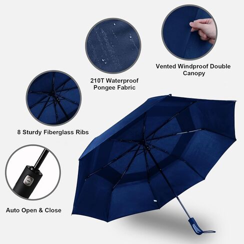 54 Inch Large Compact Golf Umbrella for Rain, Automatic Folding Windproof Double Canopy Vented Black Travel Umbrellas, Waterproof Portable Umbrella in Saudi Arabia