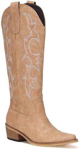 Cowboy Boots for Women Embroidered Cowgirl Boots Keen High Wide Calf Cowboy Boots Women, Side Zipper Chunky Heel Retro Tall Western Boots Country Boots in Saudi Arabia
