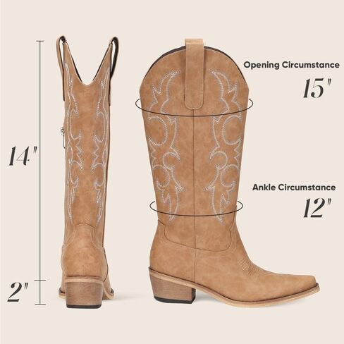 Cowboy Boots for Women Embroidered Cowgirl Boots Keen High Wide Calf Cowboy Boots Women, Side Zipper Chunky Heel Retro Tall Western Boots Country Boots in Saudi Arabia