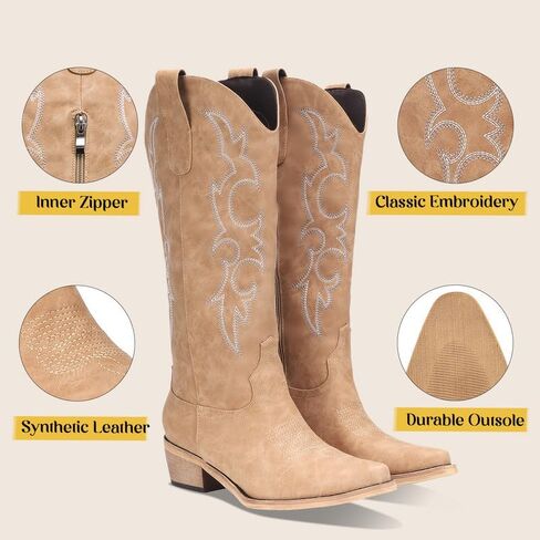Cowboy Boots for Women Embroidered Cowgirl Boots Keen High Wide Calf Cowboy Boots Women, Side Zipper Chunky Heel Retro Tall Western Boots Country Boots in Saudi Arabia