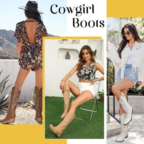 Cowboy Boots for Women Embroidered Cowgirl Boots Keen High Wide Calf Cowboy Boots Women, Side Zipper Chunky Heel Retro Tall Western Boots Country Boots in Saudi Arabia