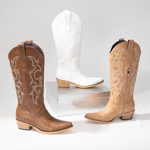 Cowboy Boots for Women Embroidered Cowgirl Boots Keen High Wide Calf Cowboy Boots Women, Side Zipper Chunky Heel Retro Tall Western Boots Country Boots in Saudi Arabia