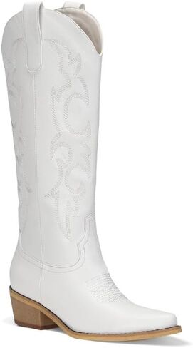 Cowboy Boots for Women Embroidered Cowgirl Boots Keen High Wide Calf Cowboy Boots Women, Side Zipper Chunky Heel Retro Tall Western Boots Country Boots in Saudi Arabia