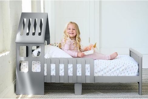 Little Partners Lil' House Kids Bed, Solid Wood Home-Shaped Toddler Bed with Rails, Bed for Kids with Two Safety Guards, Easy Access Low-to-Ground Modern Design (Silver Drop) in Kuwait