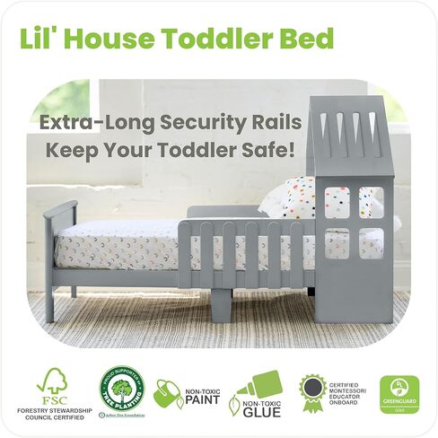 Little Partners Lil' House Kids Bed, Solid Wood Home-Shaped Toddler Bed with Rails, Bed for Kids with Two Safety Guards, Easy Access Low-to-Ground Modern Design (Silver Drop) in Kuwait