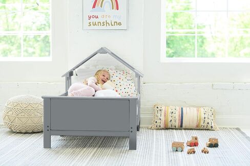 Little Partners Lil' House Kids Bed, Solid Wood Home-Shaped Toddler Bed with Rails, Bed for Kids with Two Safety Guards, Easy Access Low-to-Ground Modern Design (Silver Drop) in Kuwait